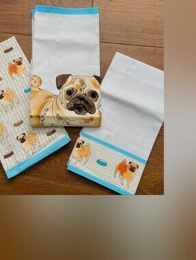 SWEET MILLY GREEN LONDON PUGS 3 PC KITCHEN TEA TOWELS NWT 100% COTTON DOG DOGS